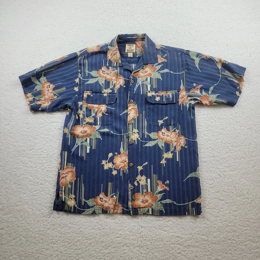 Tommy Bahama Button Up Shirt Mens Small Blue Silk Floral Hibiscus Camp Pocket